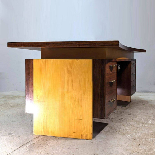 Grand Bureau Présidentiel à Caisson Style Art Déco 1930 d'époque 1950 En Palissandre