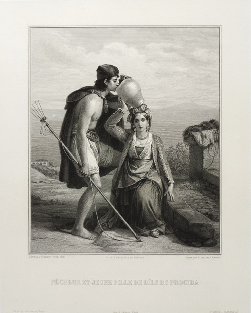 Etching By Alphonse Lamotte Engraving After Léopold Robert Fisherman And Young Greek Girl 19th C Old