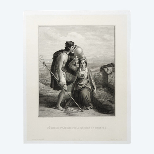 Etching By Alphonse Lamotte Engraving After Léopold Robert Fisherman And Young Greek Girl 19th C Old