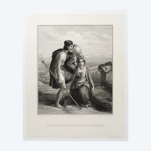 Gravure d'Alphonse Lamotte d'Après Léopold Robert Pêcheur Et Jeune Fille Grecque