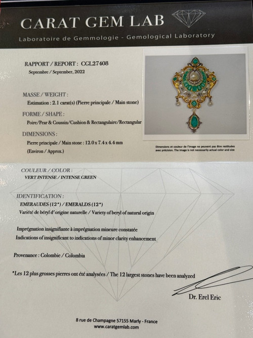 Spilla Beaumont & Companie in oro con smeraldi e perle pregiate