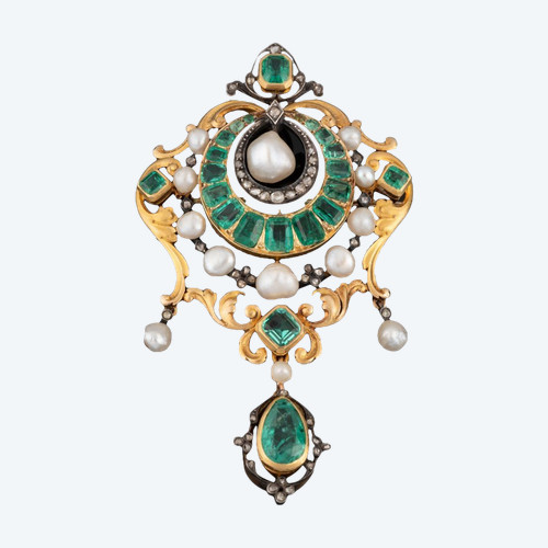 Beaumont & Companie Gold Brooch with Emeralds and Fine Pearls