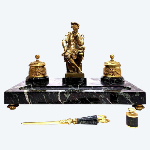 Large Inkwell Decorated By Laurent De Medici By Michelangelo Gilt Bronze And Green Marble