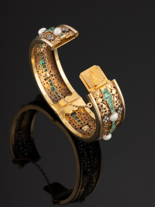 Beaumont & Cie, : Bracelet Jonc Orné d'émeraudes, Diamants Et Perles Fines