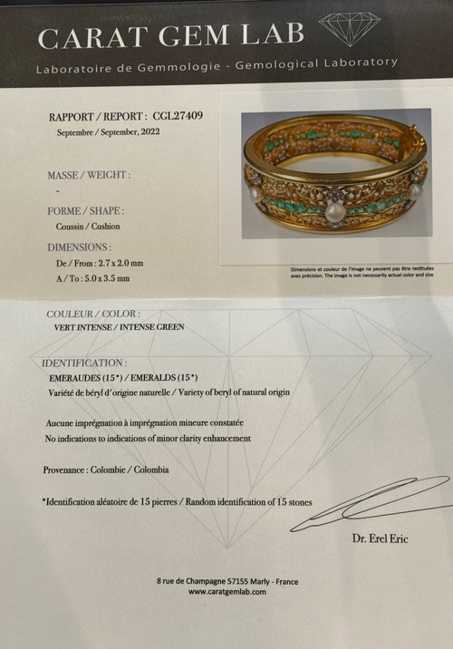 Beaumont & Cie, : Bracelet Jonc Orné d'émeraudes, Diamants Et Perles Fines