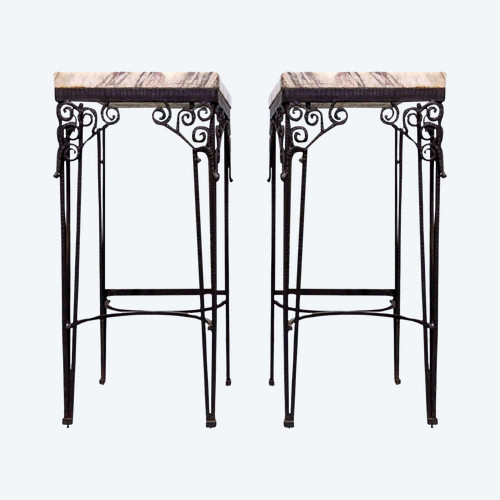 Pair Of Bedside Tables With Ice Bottom In Wrought Iron From The Art Deco Period With Veined White Marble Tops