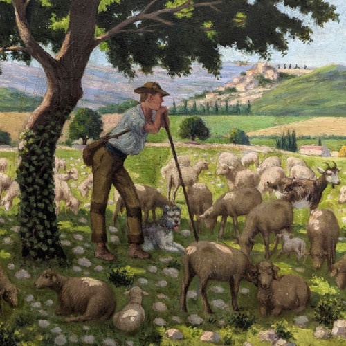 Olio Su Tela Scena Pastorale Scuola Provenzale Rémy Mayan (1877-1961)