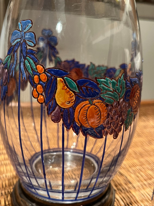 Set Karaffe + Glas - Emailliertes Glas und silberner Rand - Jugendstil (1900)