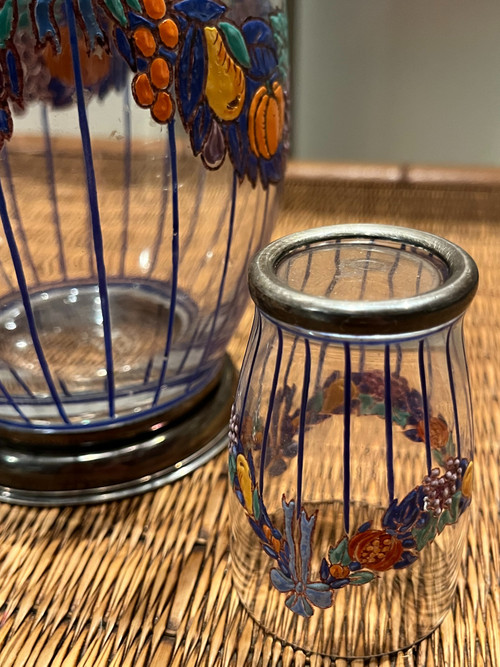 Set Karaffe + Glas - Emailliertes Glas und silberner Rand - Jugendstil (1900)