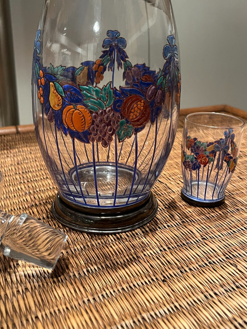 Set Karaffe + Glas - Emailliertes Glas und silberner Rand - Jugendstil (1900)