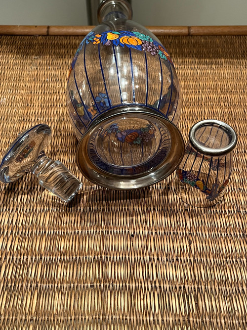 Set Karaffe + Glas - Emailliertes Glas und silberner Rand - Jugendstil (1900)