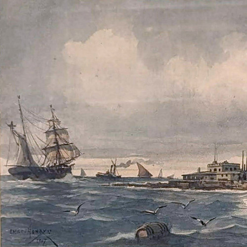 Aquarell Emile Henry Segelboote In der Nähe eines Leuchtturms (wahrscheinlich Leuchtturm von Planier)