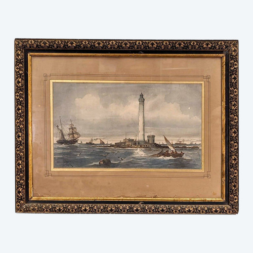 Aquarell Emile Henry Segelboote In der Nähe eines Leuchtturms (wahrscheinlich Leuchtturm von Planier)