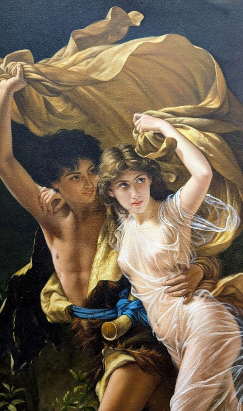 Olio su tela copia di L'Orage di Pierre Auguste Cot in una graziosa cornice ad orecchio