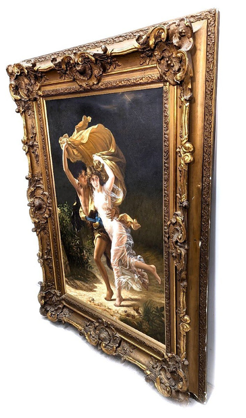 Olio su tela copia di L'Orage di Pierre Auguste Cot in una graziosa cornice ad orecchio