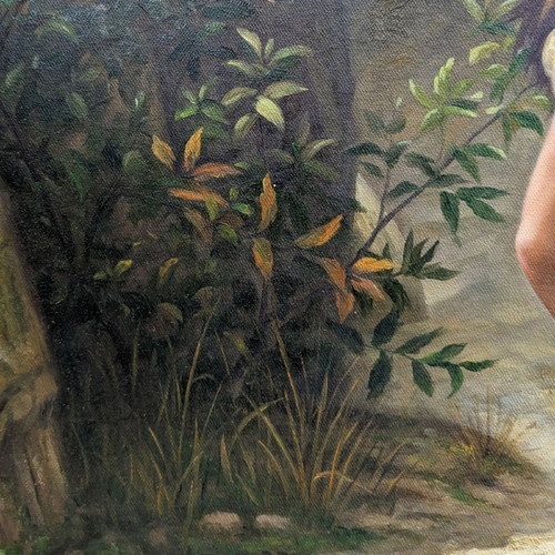 Olio su tela copia di L'Orage di Pierre Auguste Cot in una graziosa cornice ad orecchio