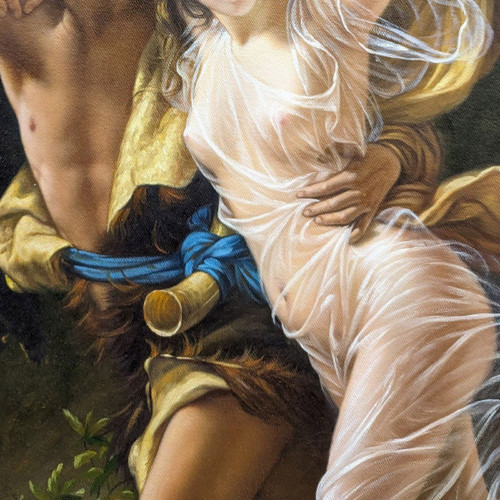 Olio su tela copia di L'Orage di Pierre Auguste Cot in una graziosa cornice ad orecchio