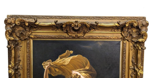 Olio su tela copia di L'Orage di Pierre Auguste Cot in una graziosa cornice ad orecchio