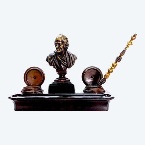 Napoleon III. Tintenfass aus Bronze und schwarzem Marmor mit Voltaire-Dekor