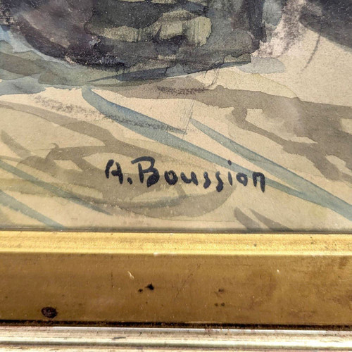 Grande Aquarelle Gouachée Le Silo à Grains De Marseille Par Albert  Boussion