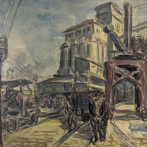 Grande Aquarelle Gouachée Le Silo à Grains De Marseille Par Albert  Boussion