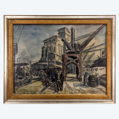 Grande Aquarelle Gouachée Le Silo à Grains De Marseille Par Albert  Boussion