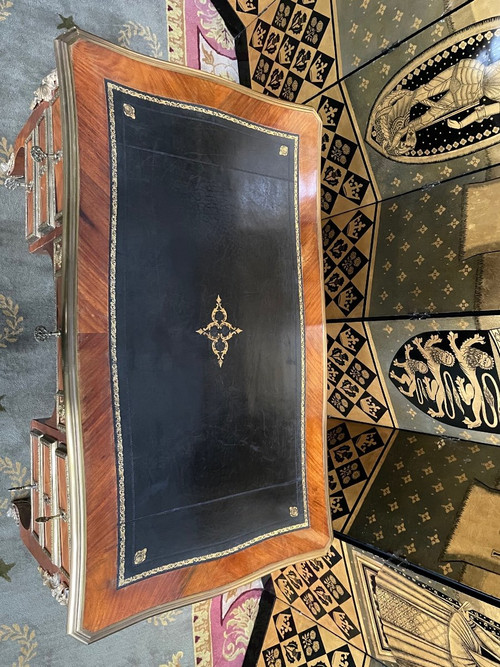 Bureau Plat Style Louis XV - Transition En Marqueterie