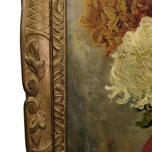 Oil On Canvas With Chrysanthemums By F Maury