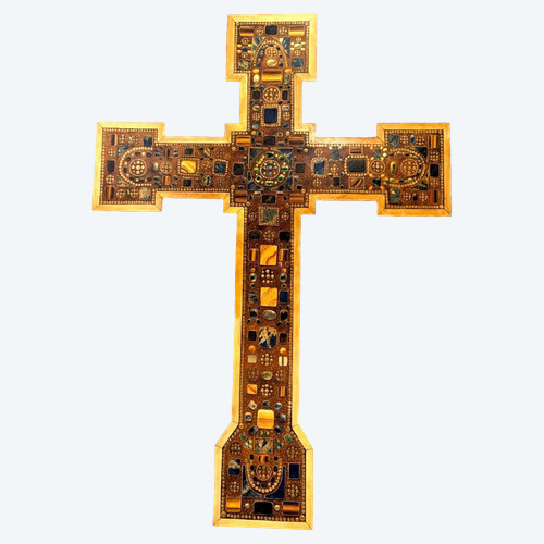 Large Trompe l'oeil Painted Cross with Hard Stone Decor