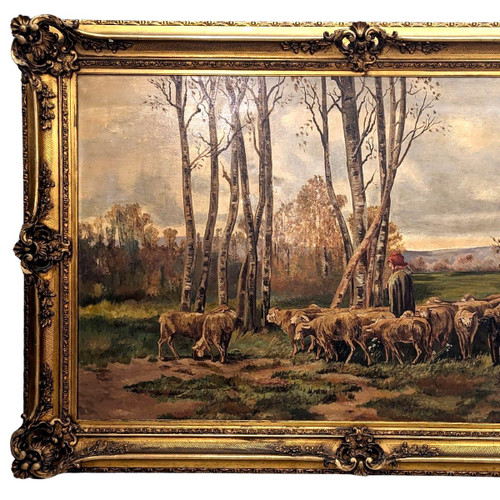 Large Painting 19th Century Pastoral Scene In A Large Frame With Ears