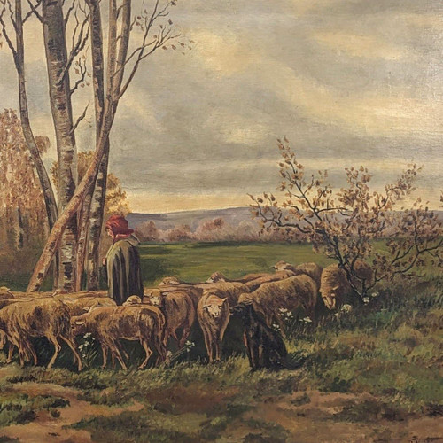 Large Painting 19th Century Pastoral Scene In A Large Frame With Ears