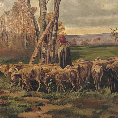 Large Painting 19th Century Pastoral Scene In A Large Frame With Ears