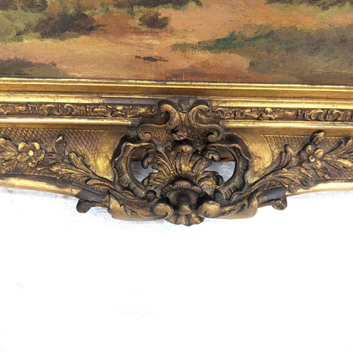Large Painting 19th Century Pastoral Scene In A Large Frame With Ears
