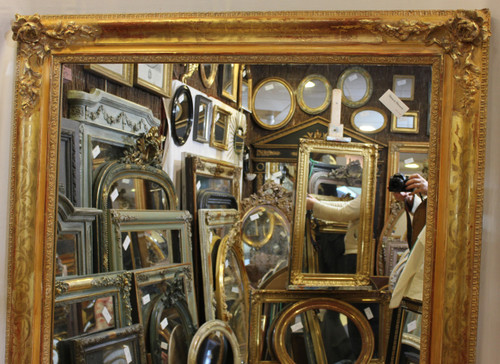 Grand Miroir Ancien Rectangle Feuille d'Or , Décors De Fleurs 126 X 165 Cm
