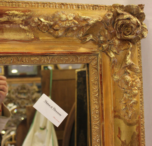 Grand Miroir Ancien Rectangle Feuille d'Or , Décors De Fleurs 126 X 165 Cm