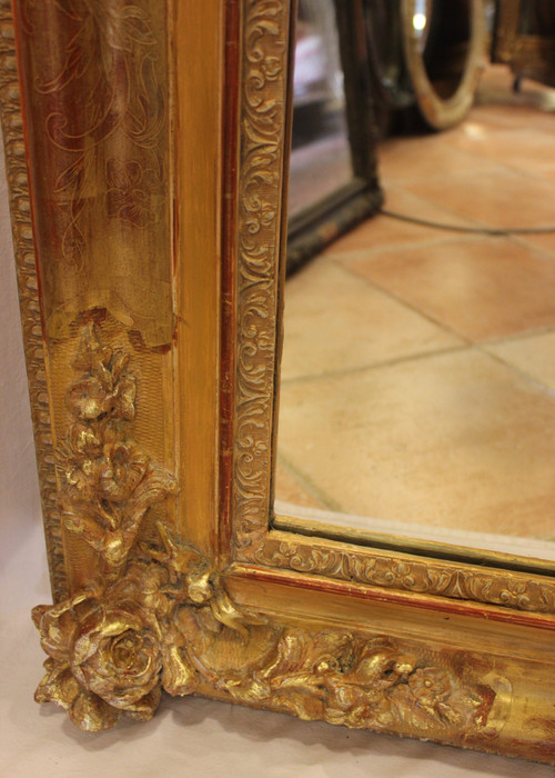 Grand Miroir Ancien Rectangle Feuille d'Or , Décors De Fleurs 126 X 165 Cm