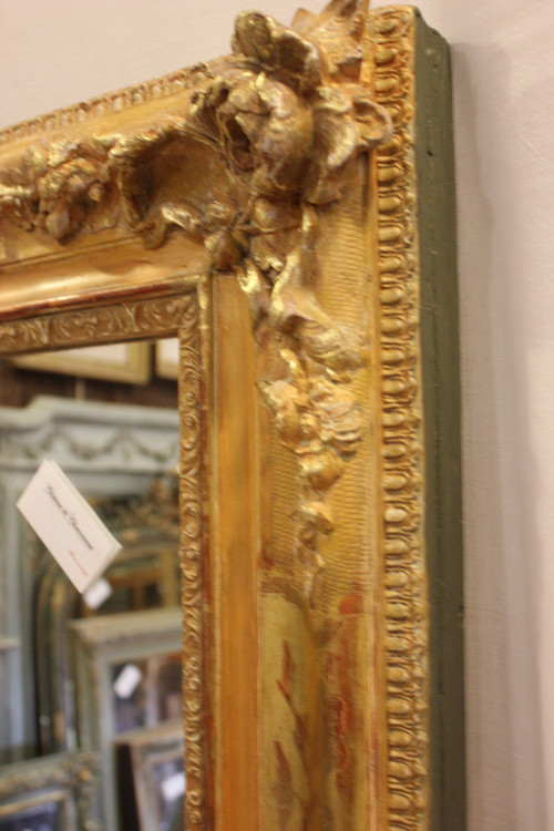 Grand Miroir Ancien Rectangle Feuille d'Or , Décors De Fleurs 126 X 165 Cm