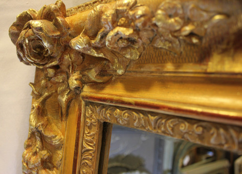 Grand Miroir Ancien Rectangle Feuille d'Or , Décors De Fleurs 126 X 165 Cm