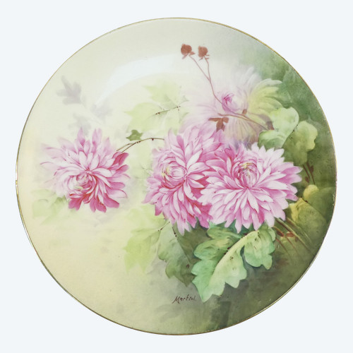 LIMOGES Porcelain dish decorated with pink DAHLIA signed MARTIAL