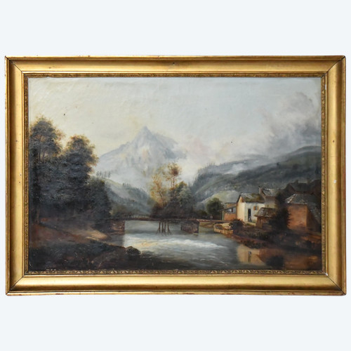 Französische Schule aus dem 19. Jahrhundert, Öl auf Leinwand. Haus am Fluss, Berglandschaft
