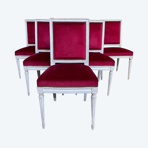 Suite De 6 Chaises De Style Louis XVI Velours Rouge