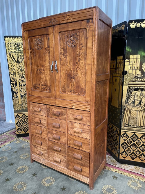 Buffet époque Art Déco En Orme - Meuble de métier à tiroirs