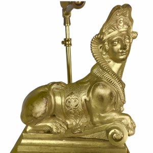Lampe chenet sphinge en bronze doré