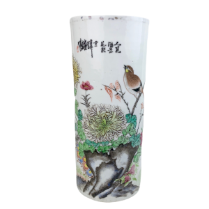 Roller vase with polychrome bird decoration, branches and ideograms