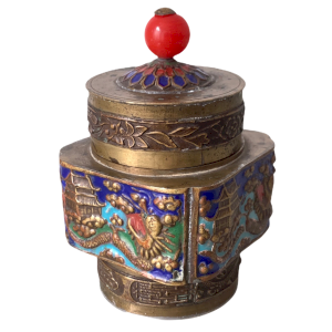 Enamelled box in repoussé copper decorated with dragons, phoenix and pagodas