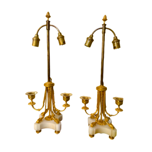 Paire De Lampes Chandeliers Bougeoirs Candélabres Electrifiés Bronze Dorée Marbre Style Louis XVI