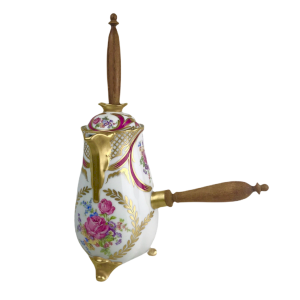 Porcelain chocolate maker with polychrome decoration, wooden handle and moussoir