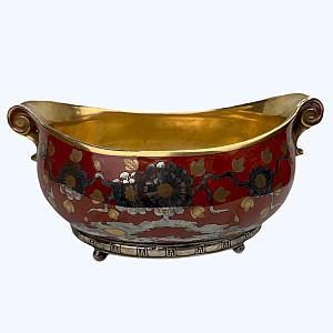 Red and gold porcelain bowl planter with chrysanthemum decoration, silver base China