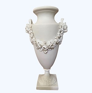 Biscuit porcelain baluster vase decorated with garlands of flowers and lions