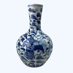 Vase porcelaine chinois bleu et blanc chiens de Fô